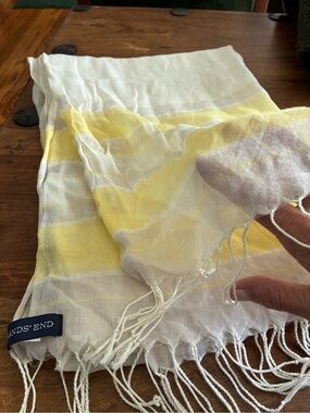 Lands' End White and Yellow Striped Cotton Scarf with Fringe
